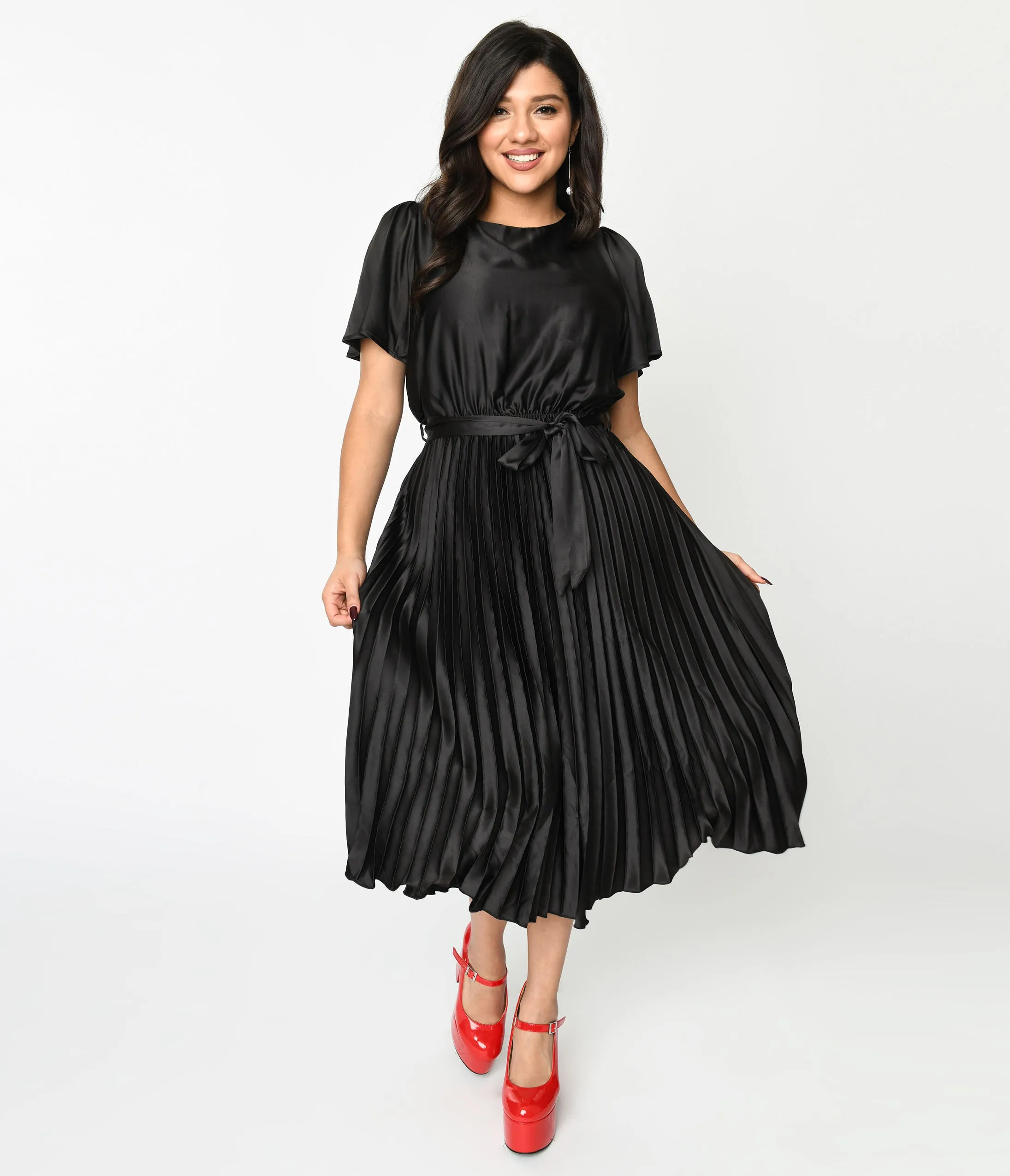 Sleek Black Satin Pleated Midi Dress