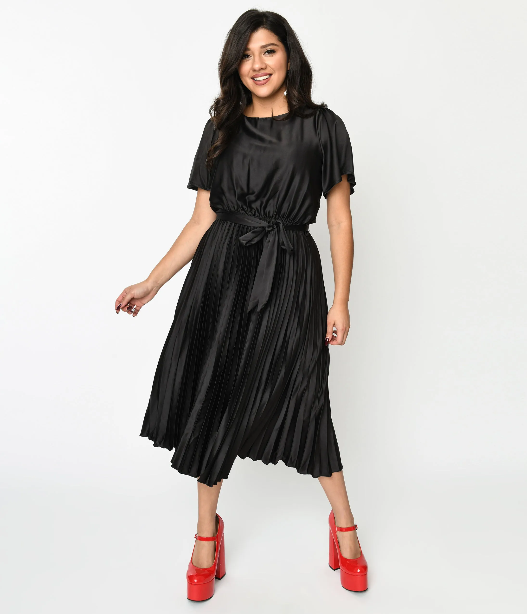 Sleek Black Satin Pleated Midi Dress