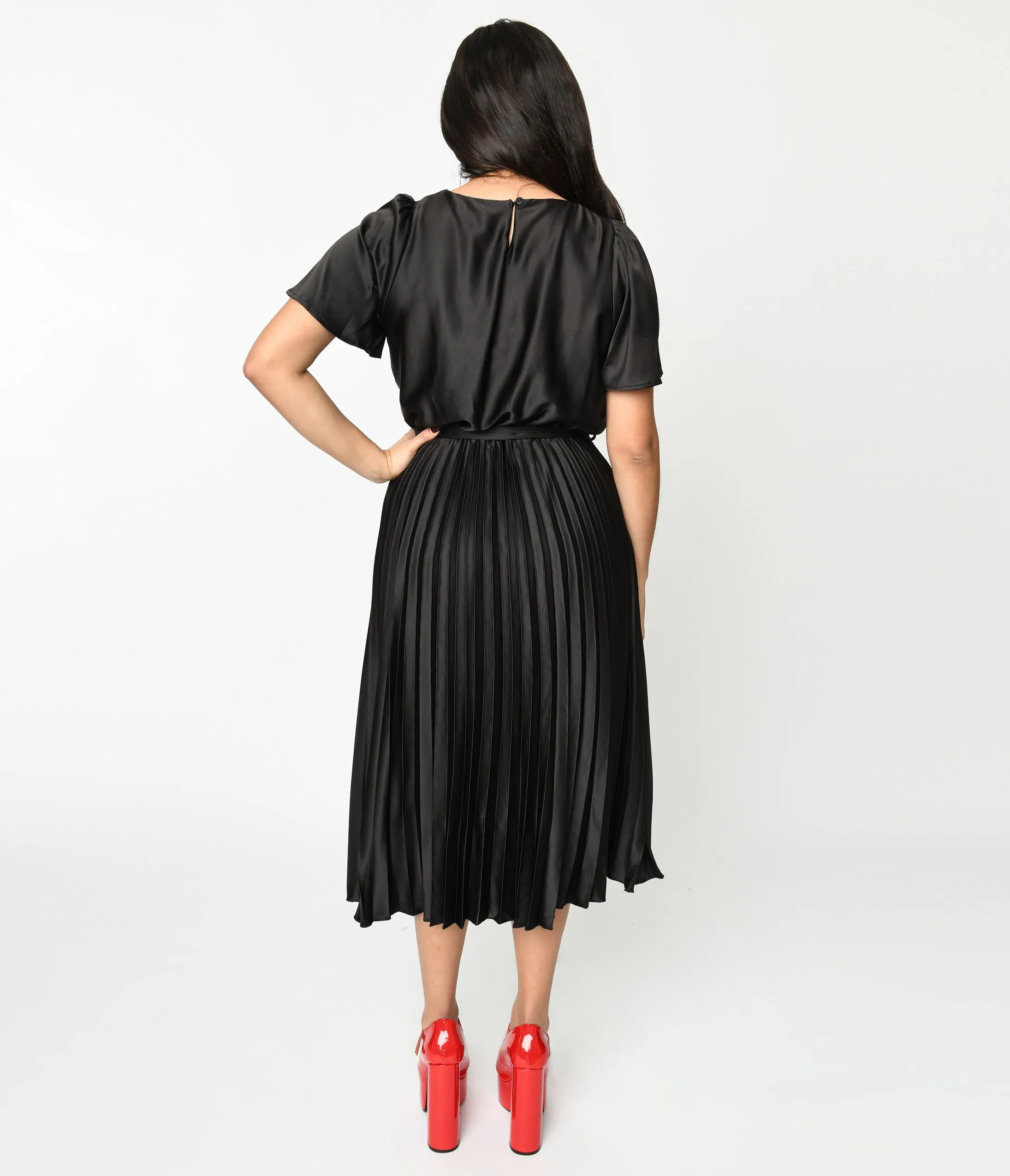 Sleek Black Satin Pleated Midi Dress