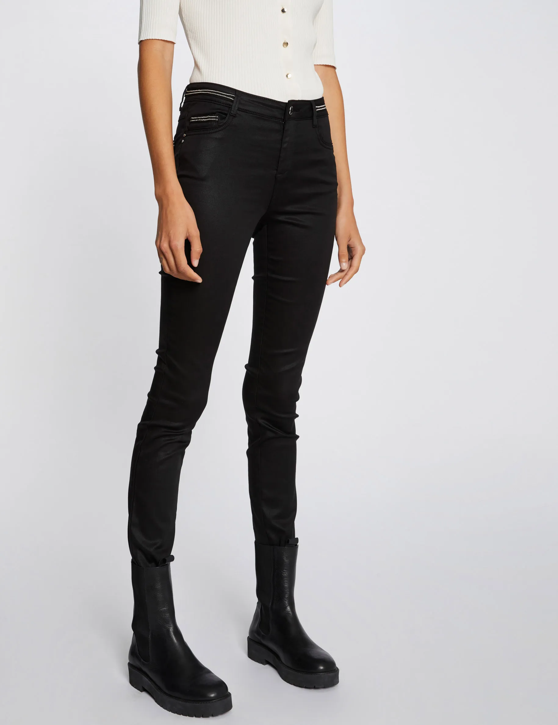 Slim trousers with wet effect black women