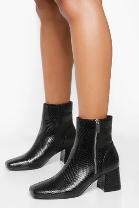 Snake Side Zip Low Block Heel Boots