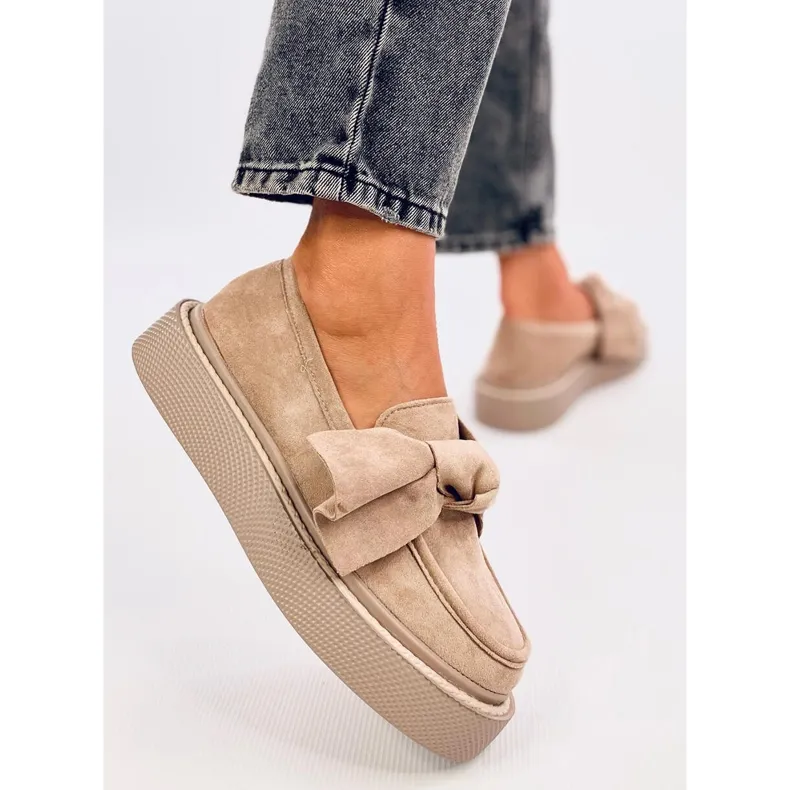 Suede Bow Moccasins Khaki beige