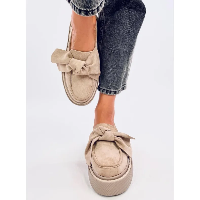 Suede Bow Moccasins Khaki beige