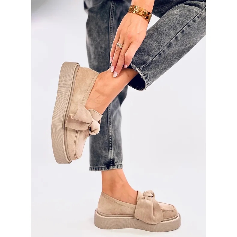 Suede Bow Moccasins Khaki beige