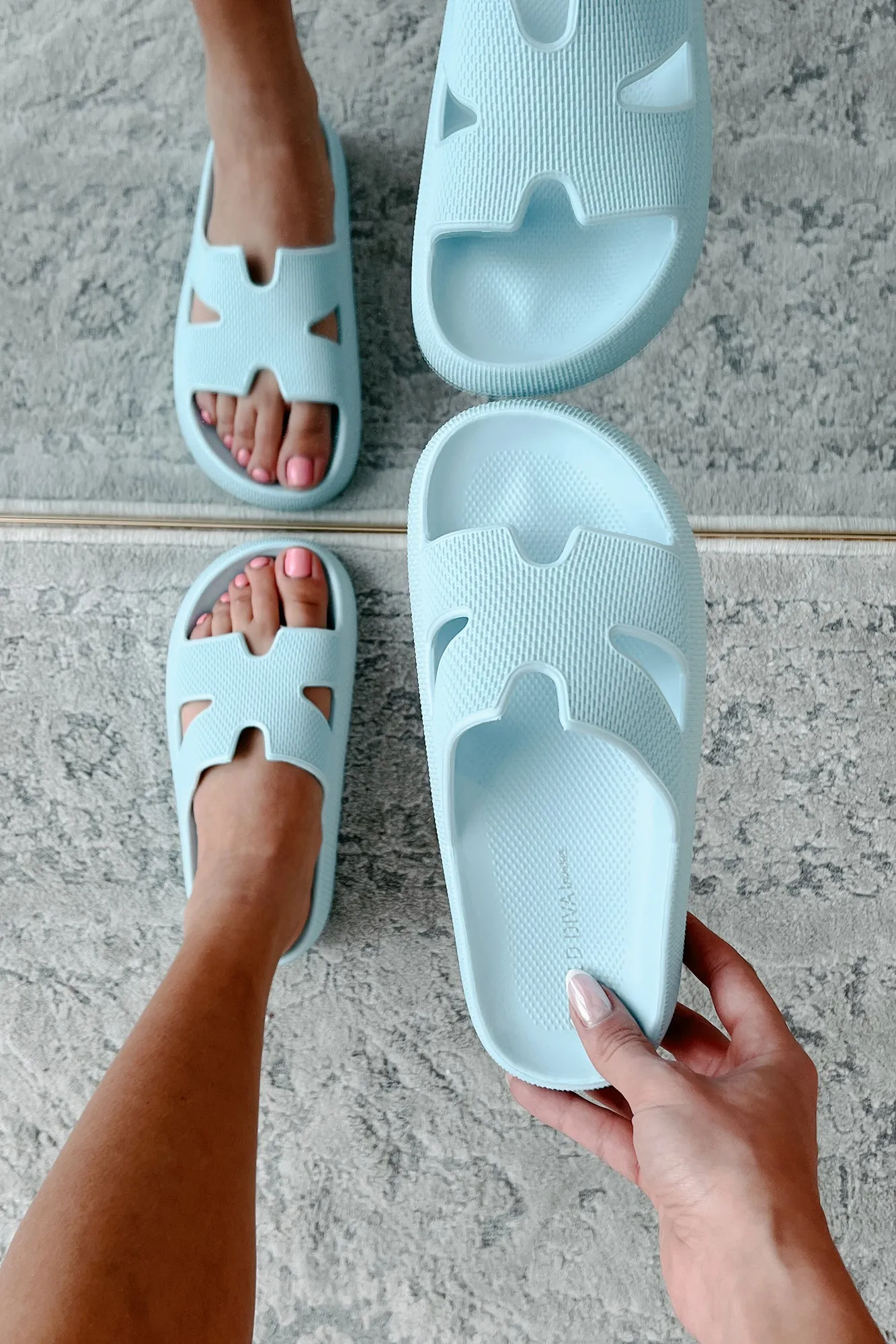 Summer State Of Mind Textured Slide Sandals (Light Blue)