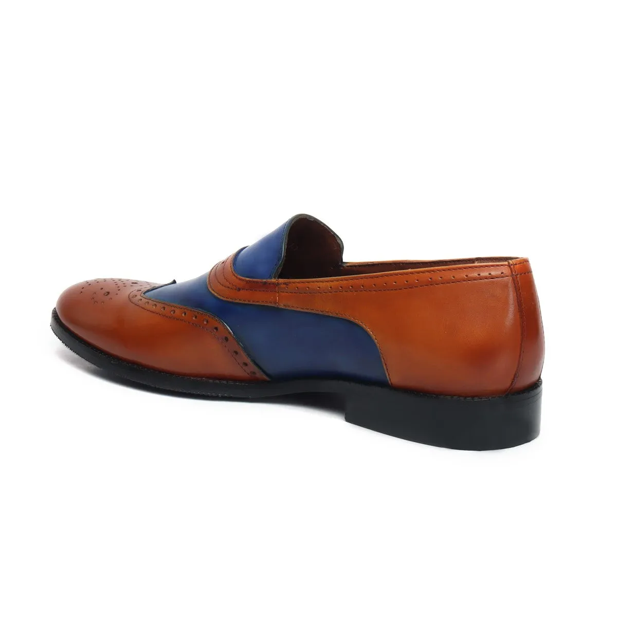 Tan-Blue Leather Sassy Slip-On Shoes