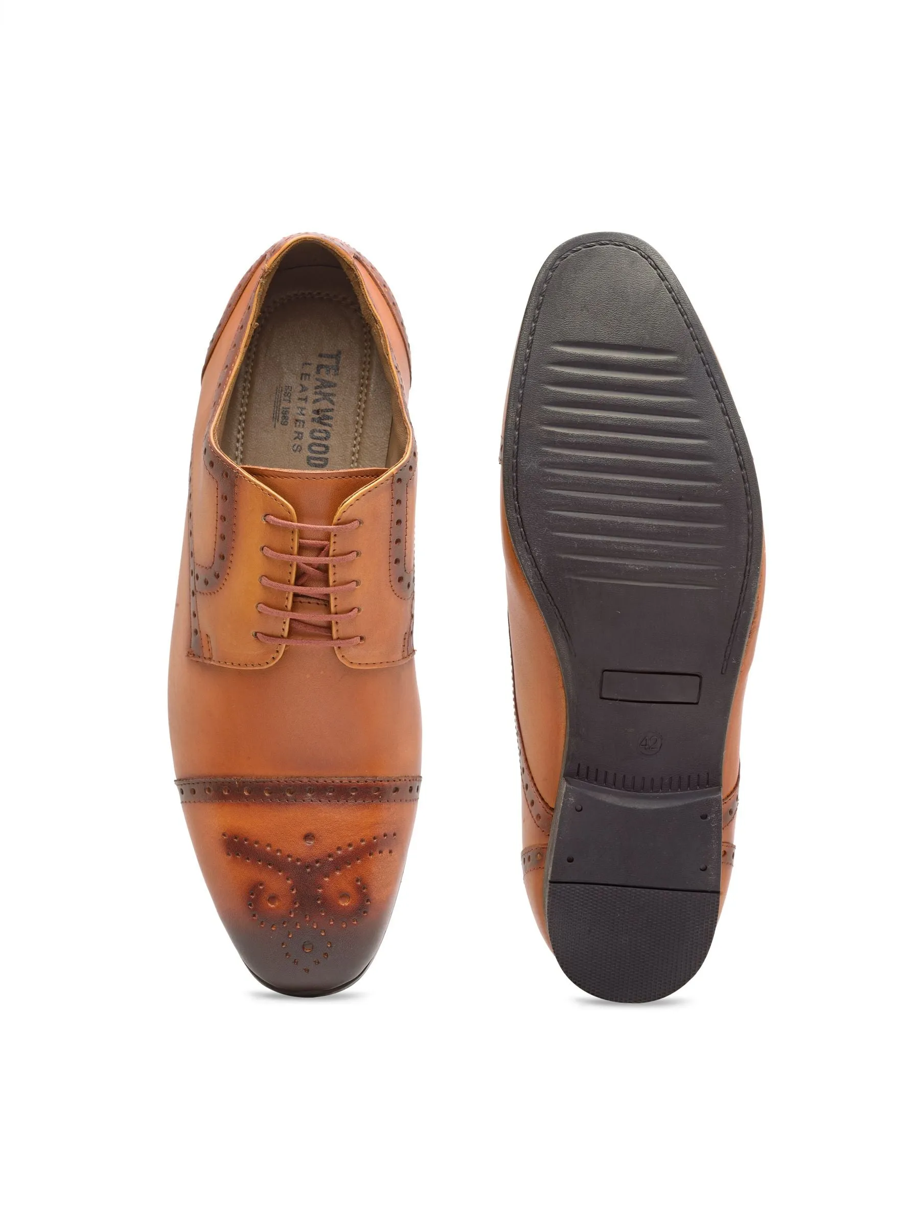 Teakwood Men Genuine Leather Formal Solid Tan Derby Shoes