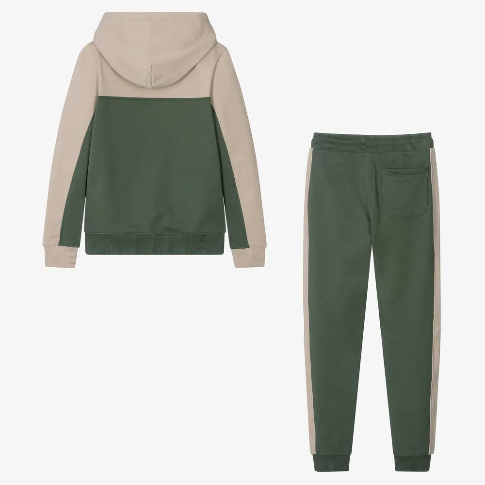 Teen Boys Beige & Green Cotton Tracksuit