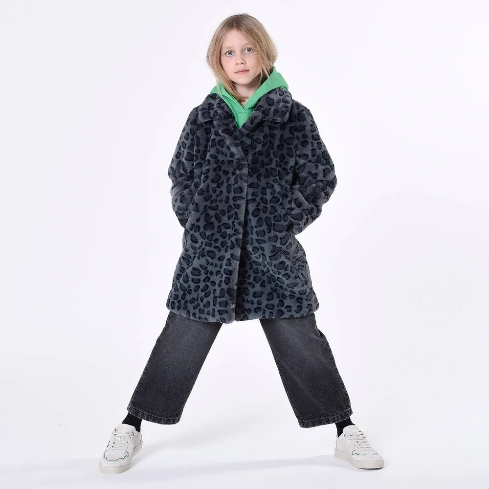 Grey Leopard Faux Fur Coat for Teen Girls