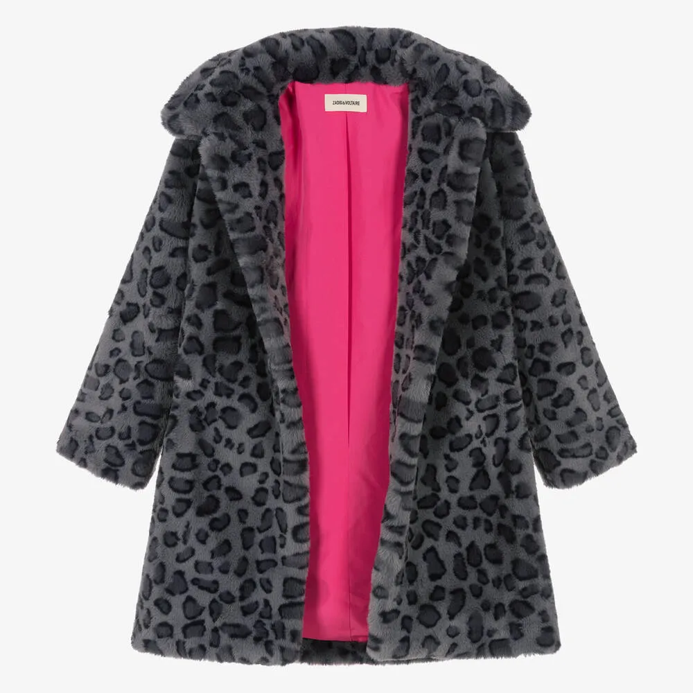 Grey Leopard Faux Fur Coat for Teen Girls