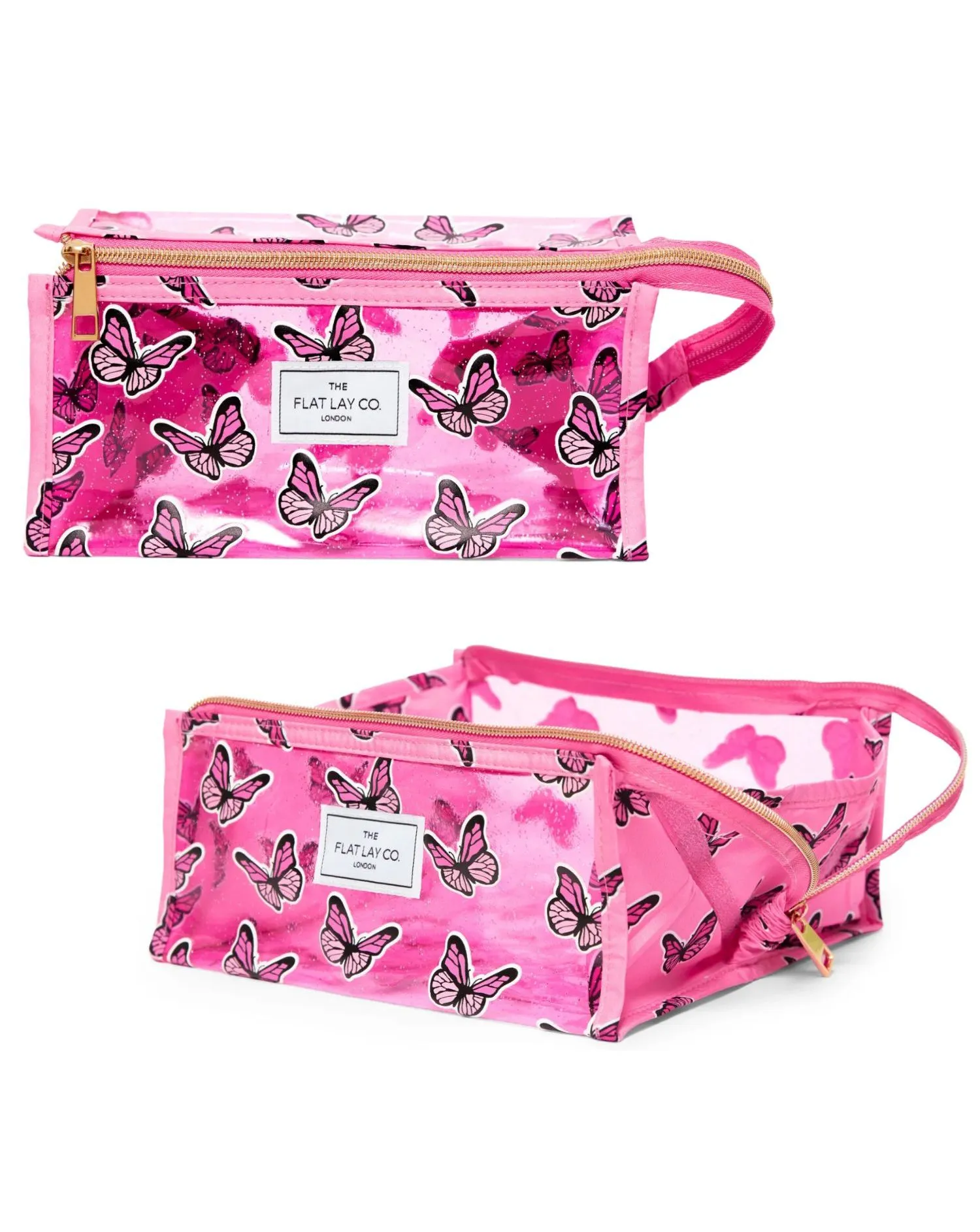 The Flat Lay Co. Pink Butterfly Open Flat Makeup Box Bag | Simply Be