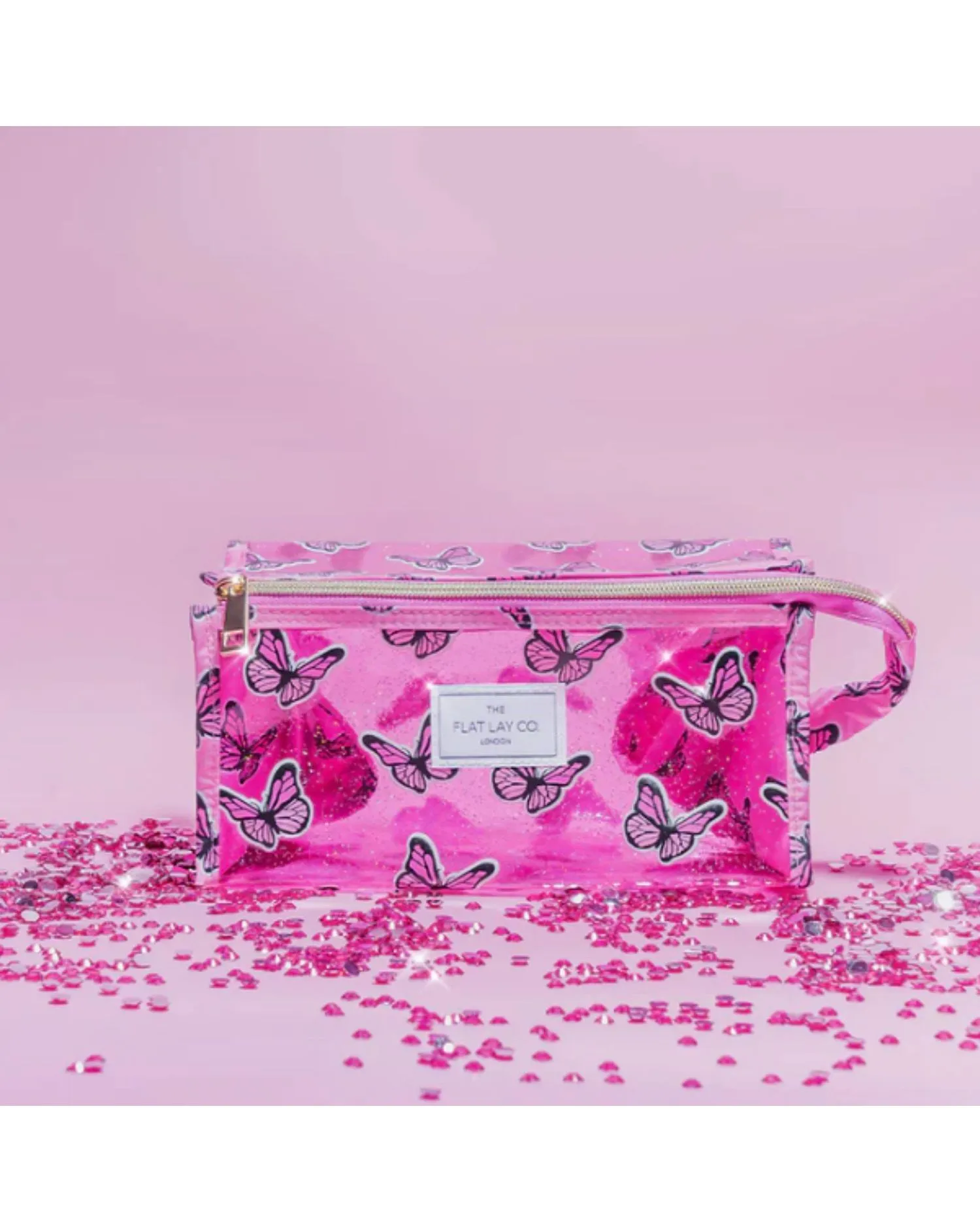 The Flat Lay Co. Pink Butterfly Open Flat Makeup Box Bag | Simply Be