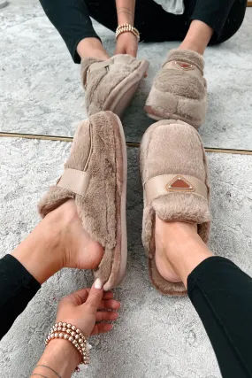 The Lavish Life Faux Fur Flat Mules (Taupe)