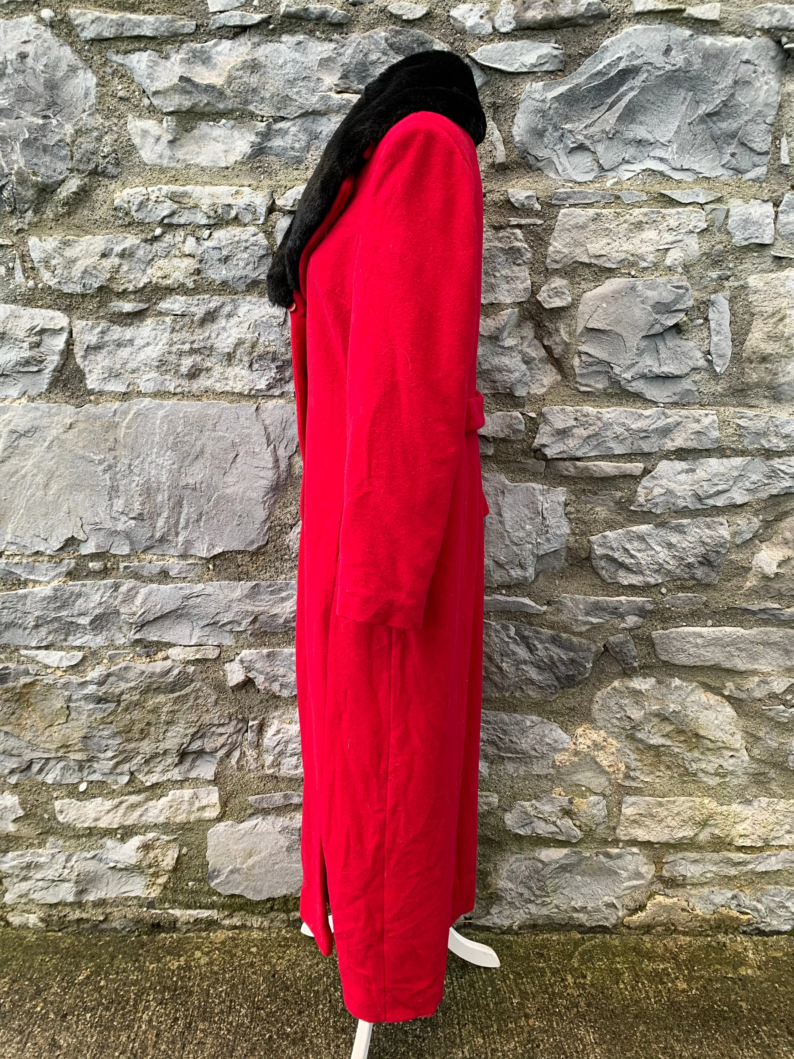 UK 10 Red Maxi Coat with Faux Fur Collar