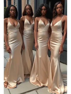 V-neck Mermaid Bridesmaid Dresses with Side Slit - Spaghetti Straps