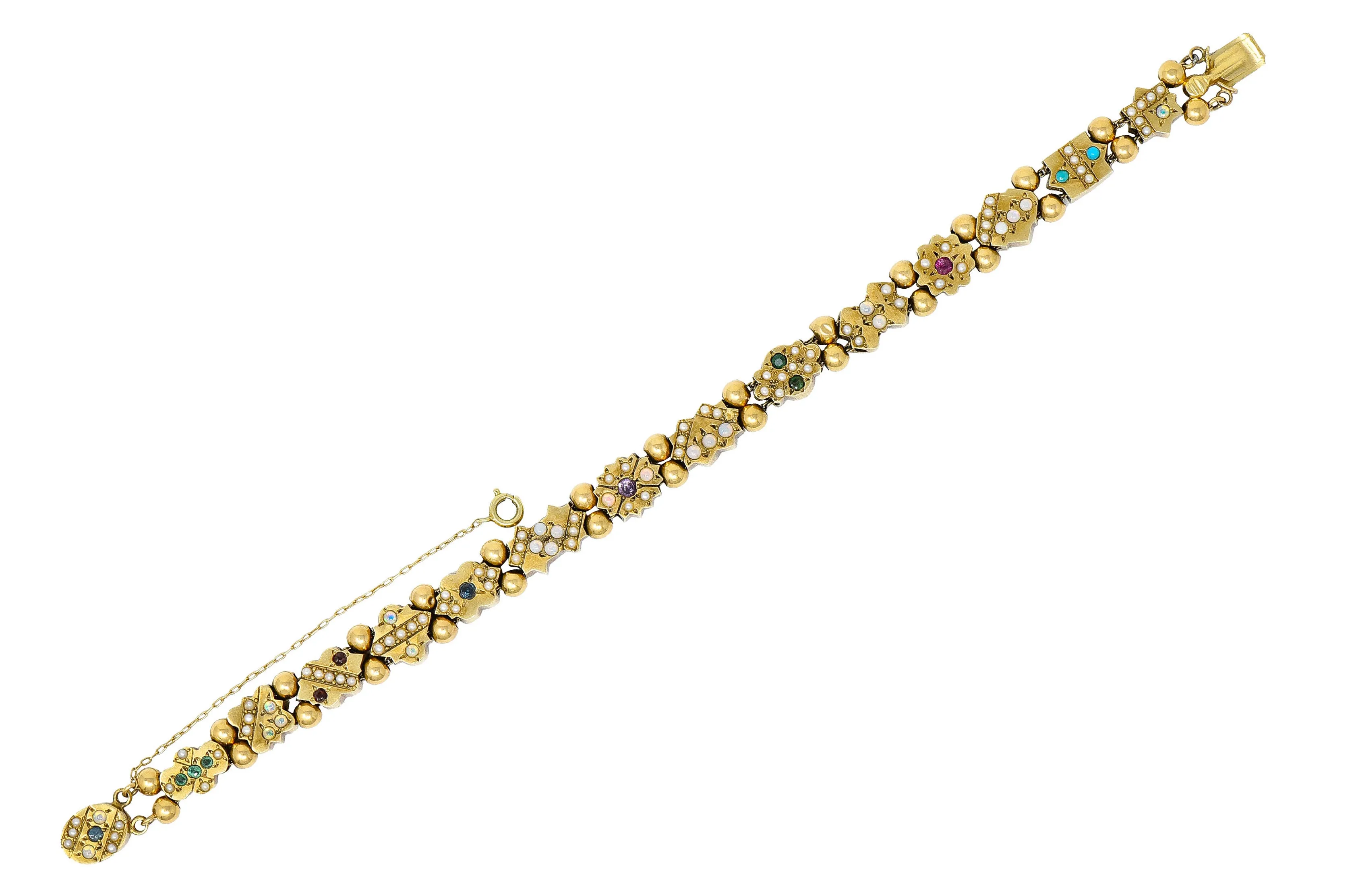 Victorian Multi-Gem 14 Karat Gold Slide Link Bracelet