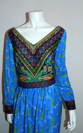 vintage 1970s gown / blue PAISLEY maxi dress / handkerchief hem XS - S