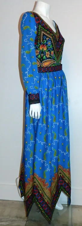 vintage 1970s gown / blue PAISLEY maxi dress / handkerchief hem XS - S