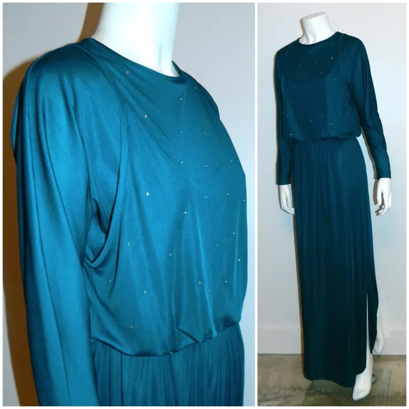 vintage 1970s teal maxi dress RHINESTONE bodice / dolman sleeves Disco gown XS