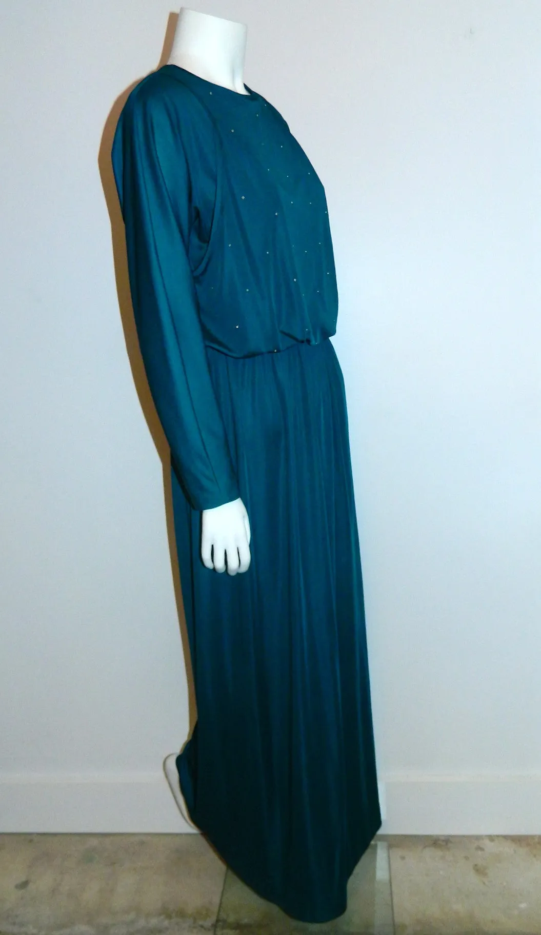 vintage 1970s teal maxi dress RHINESTONE bodice / dolman sleeves Disco gown XS