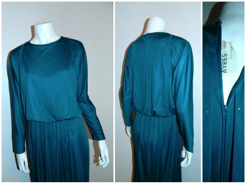 vintage 1970s teal maxi dress RHINESTONE bodice / dolman sleeves Disco gown XS