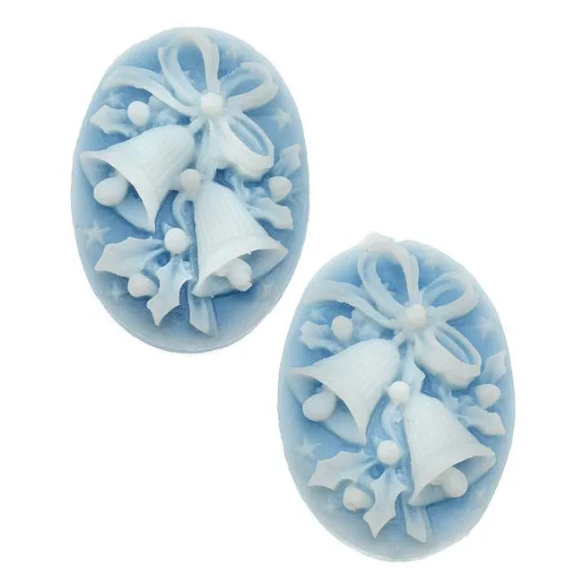 Vintage Lucite Oval Cameos Blue White Holiday Bells 25x18mm (2 pieces)