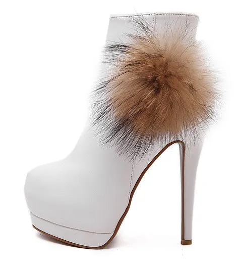 White Fur Pom Stiletto Platform Boots