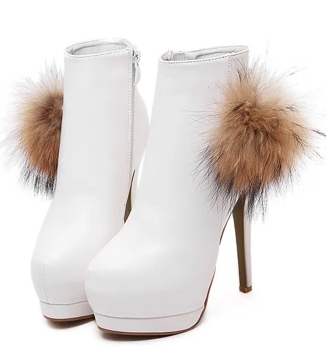 White Fur Pom Stiletto Platform Boots