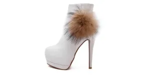 White Fur Pom Stiletto Platform Boots