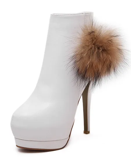 White Fur Pom Stiletto Platform Boots