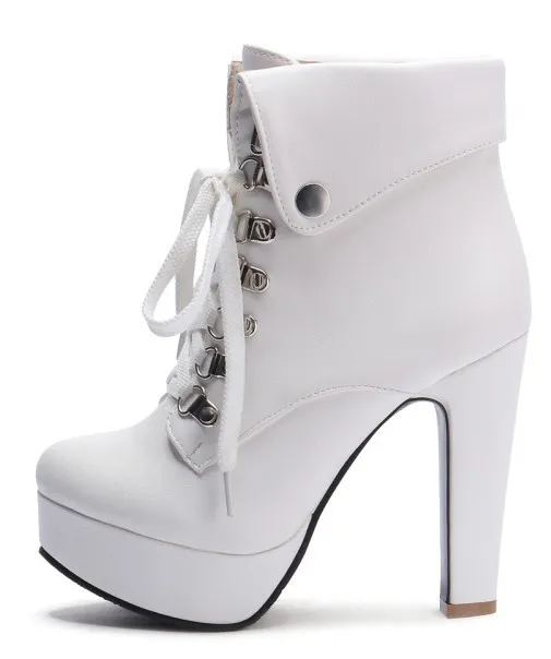 White Lolita Punk Rock Lace-Up High Heels Platforms Boots