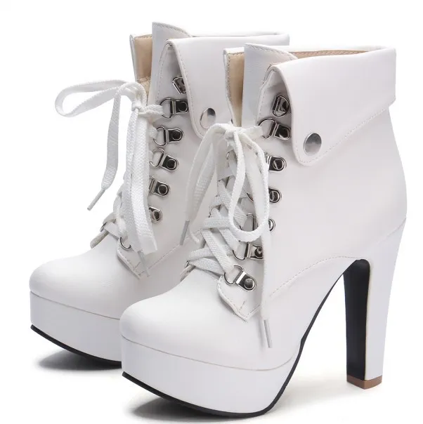 White Lolita Punk Rock Lace-Up High Heels Platforms Boots