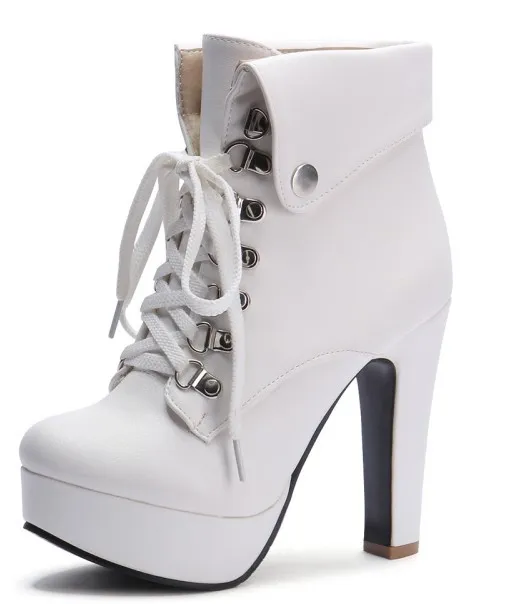 White Lolita Punk Rock Lace-Up High Heels Platforms Boots