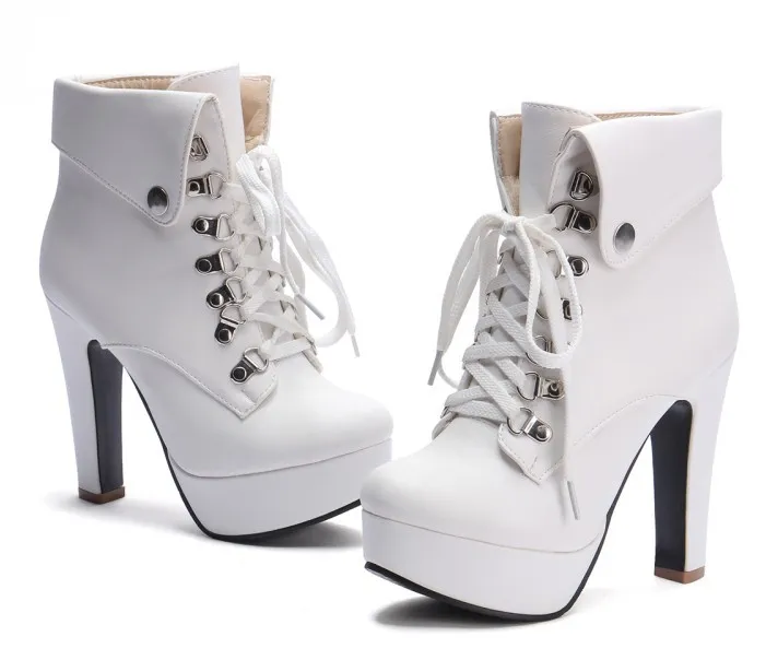 White Lolita Punk Rock Lace-Up High Heels Platforms Boots