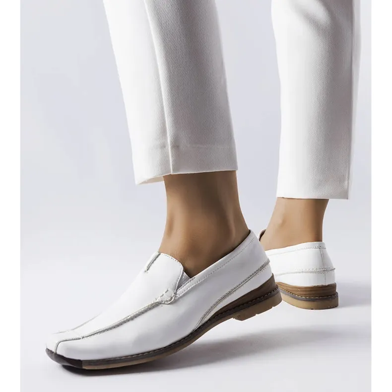 White moccasins with oblong toe by Montague