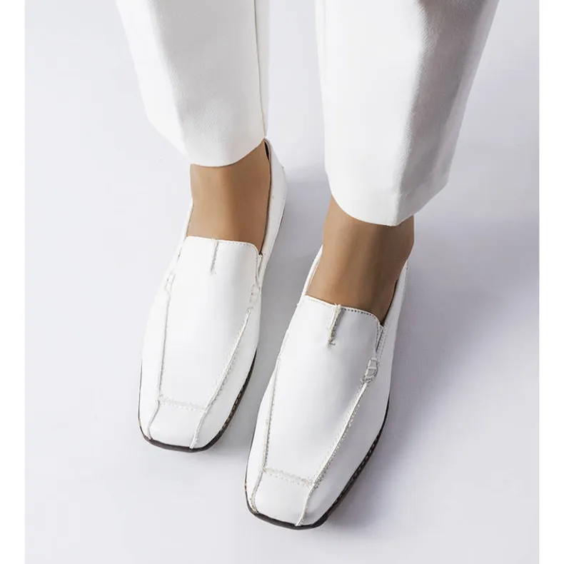 White moccasins with oblong toe by Montague