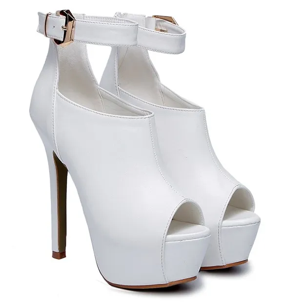 White Ankle Strap Stiletto Boots