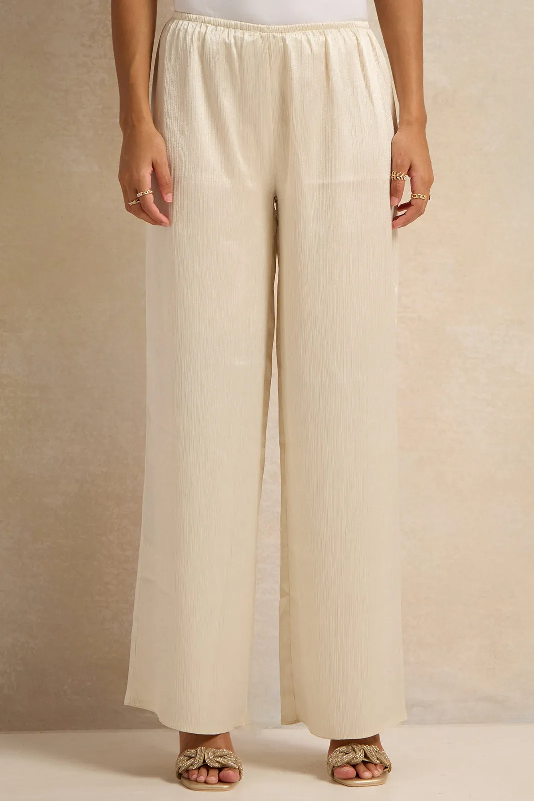 Women Beige Crinkled Trousers