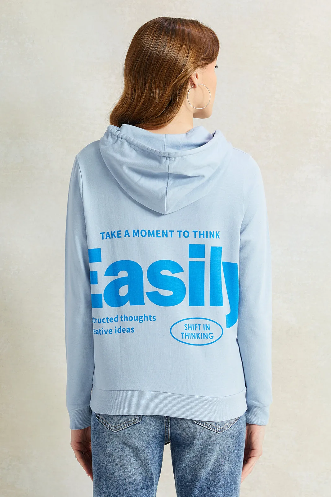 Women Blue Print Hooded Sweatshirt