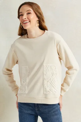 Women Cream Crochet Embroidered Pocket Sweatshirt