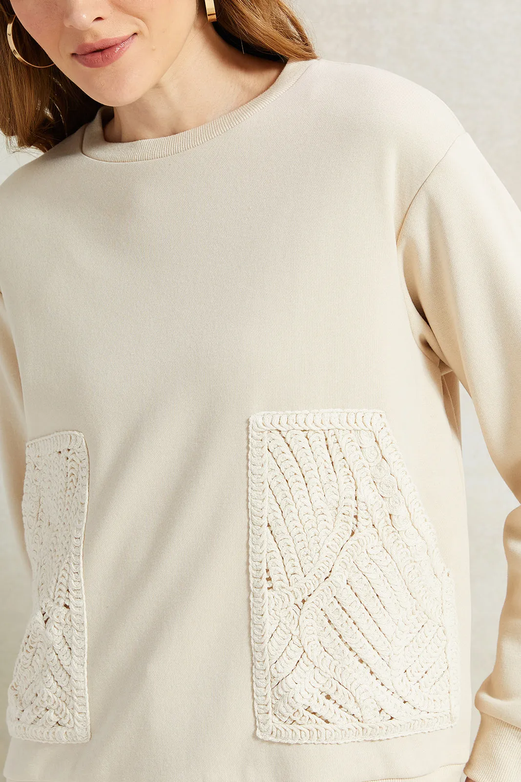 Women Cream Crochet Embroidered Pocket Sweatshirt