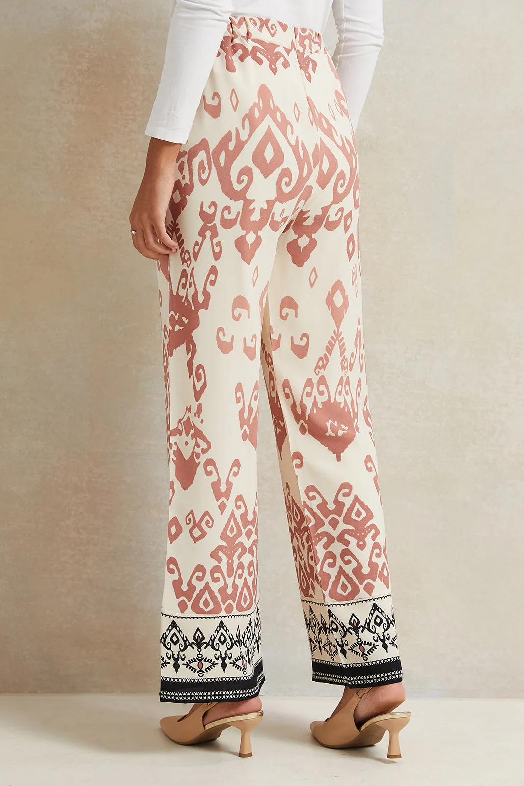 Women Cream Printed Wide Leg Trousers