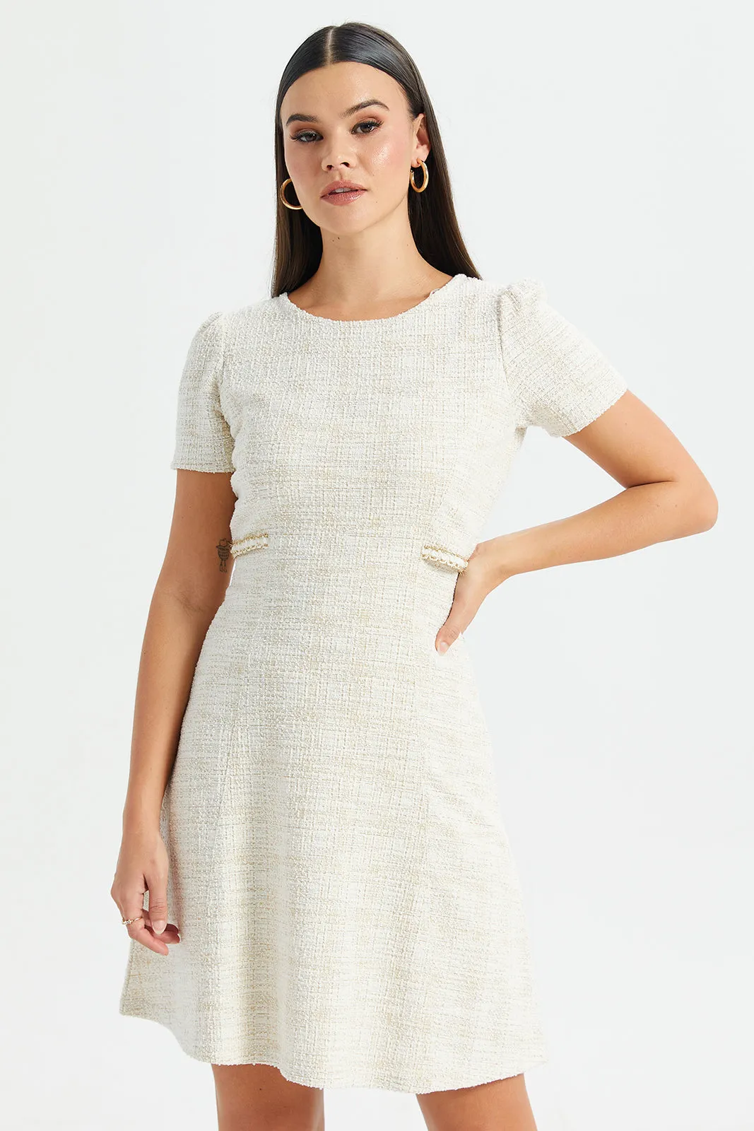 Women Cream Tweed Dress