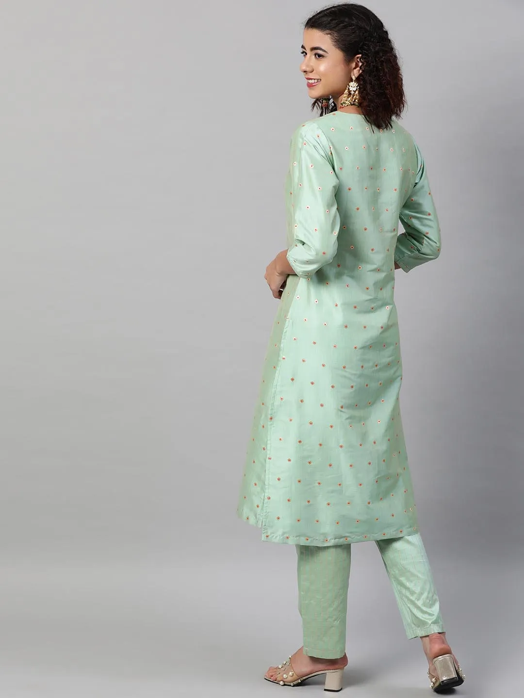 Women Green Ethnic Motifs Embroidered Kurta with Trousers