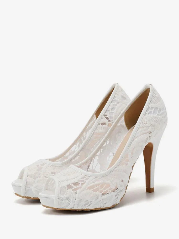 White Heel Platforms Lace Peep Toe Slip-On Pumps