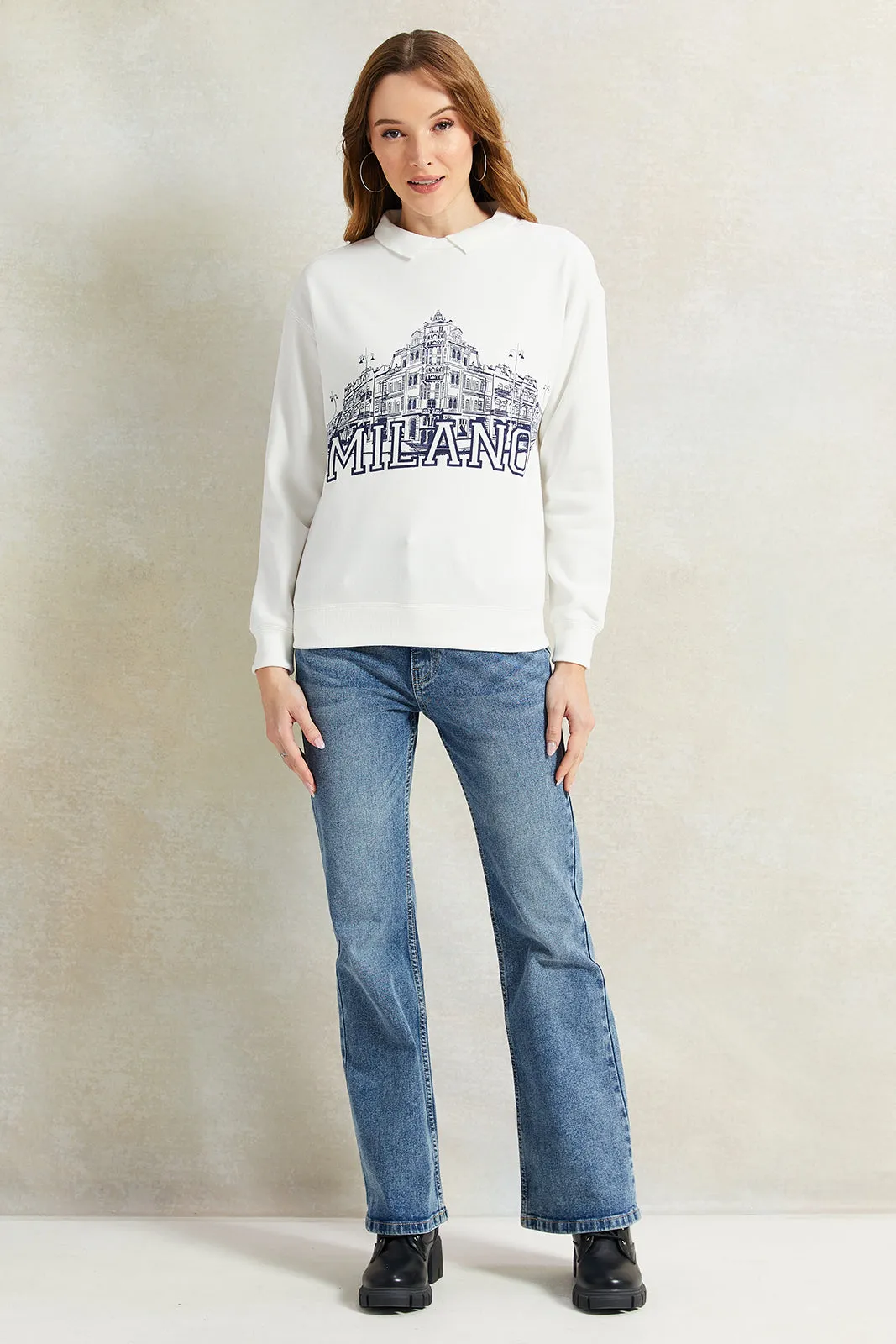 Women Ivory Collared Printed Sweatshirt