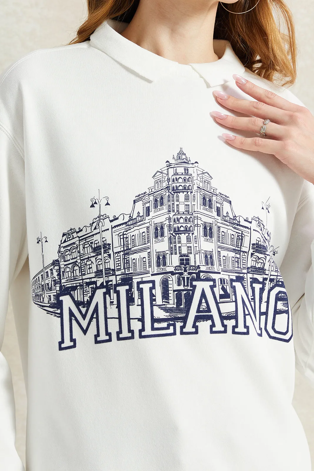 Women Ivory Collared Printed Sweatshirt