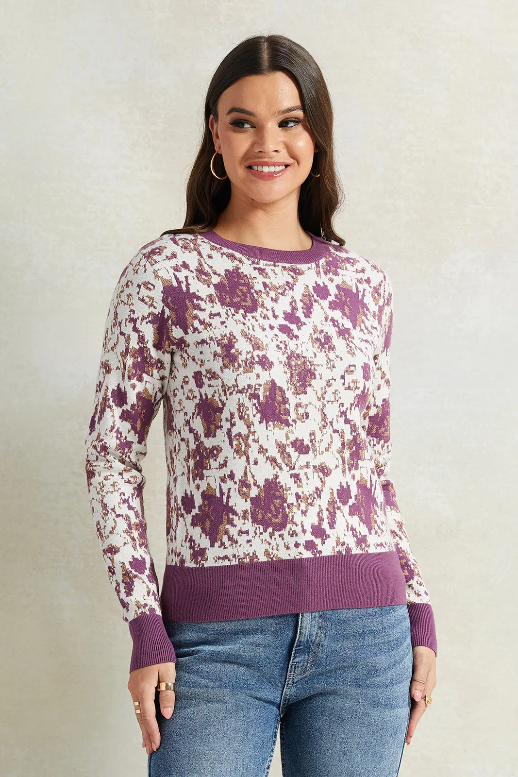 Women Pink Floral Printed With Lurex Sweatshirt