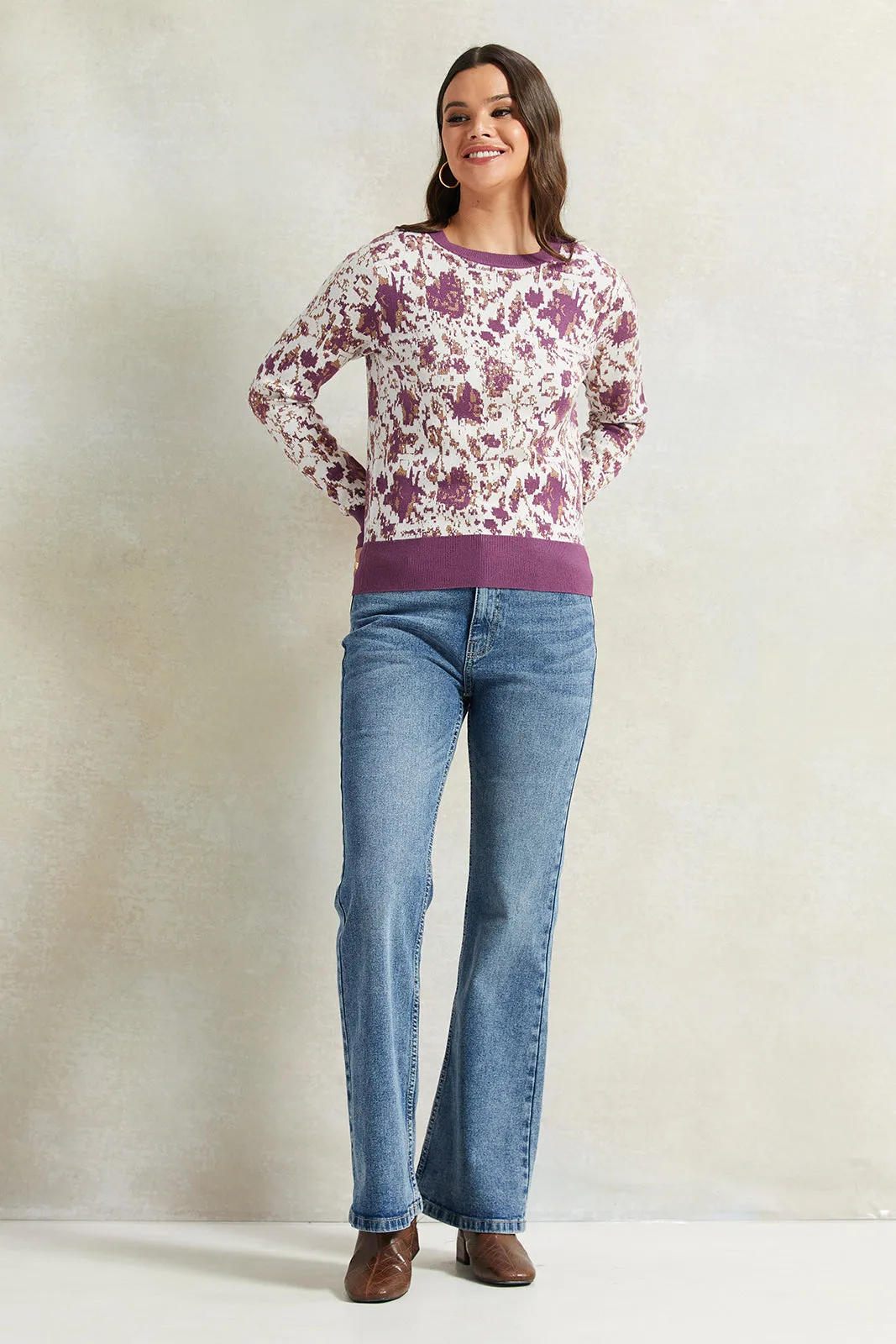 Women Pink Floral Printed With Lurex Sweatshirt