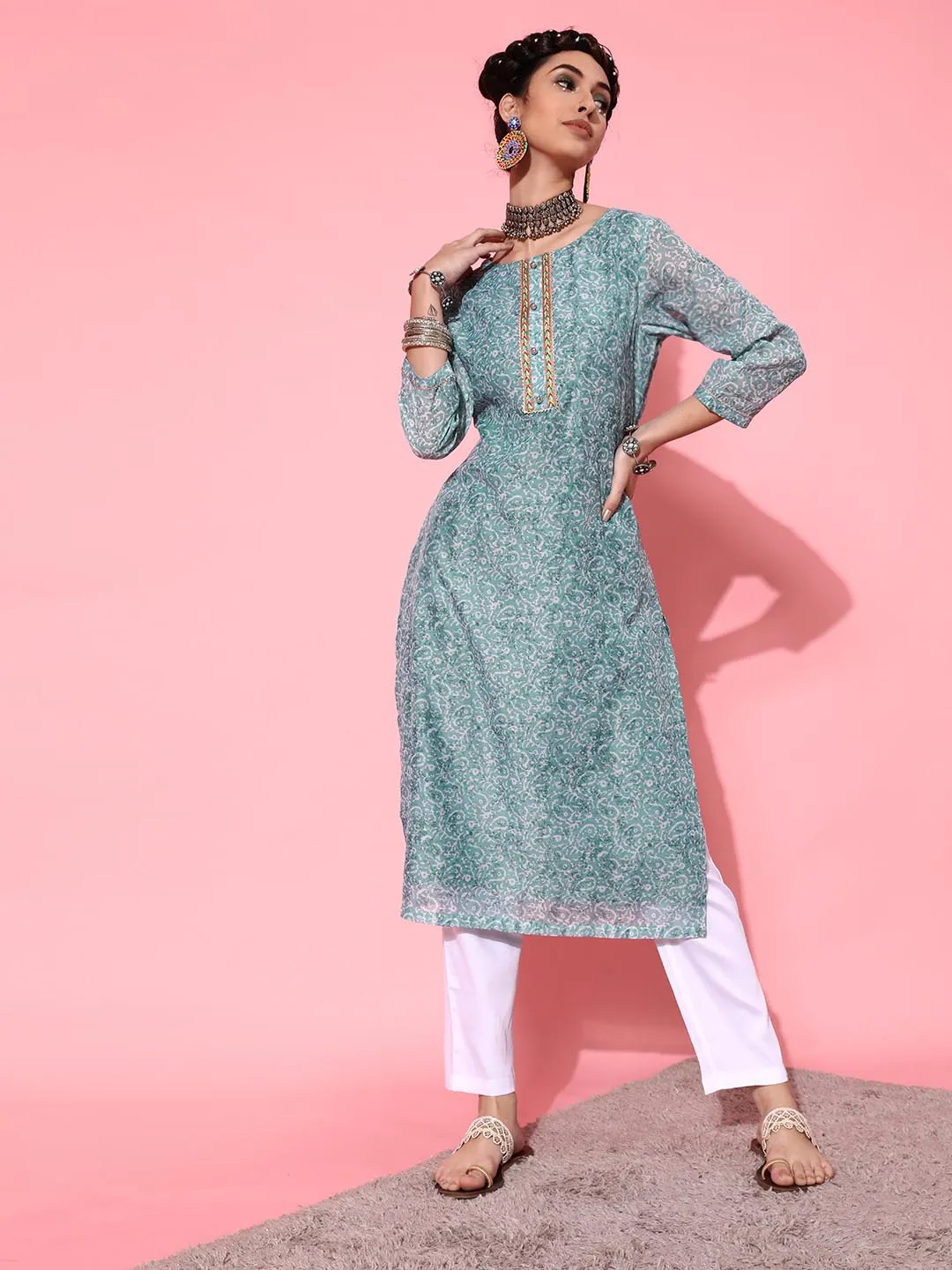 Women Turquoise Blue Ethnic Motifs Printed Pure Cotton Kurta with Trousers